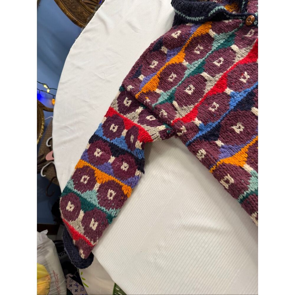 Artesanias Ishka Colorful Geometric Wool Heavy Knit Ecuador Sweater Jacket Sz XL - Picture 3 of 11